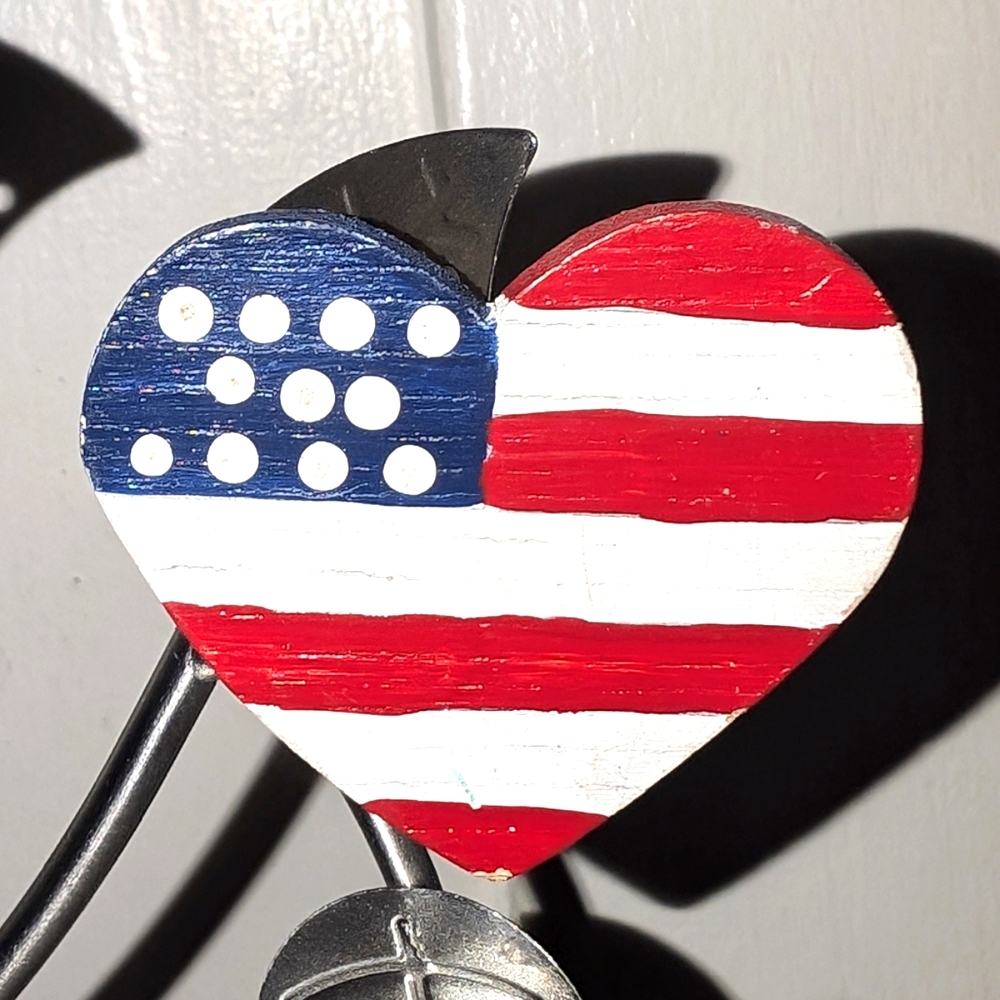 Vintage American Flag Painted Wood Heart Brooch